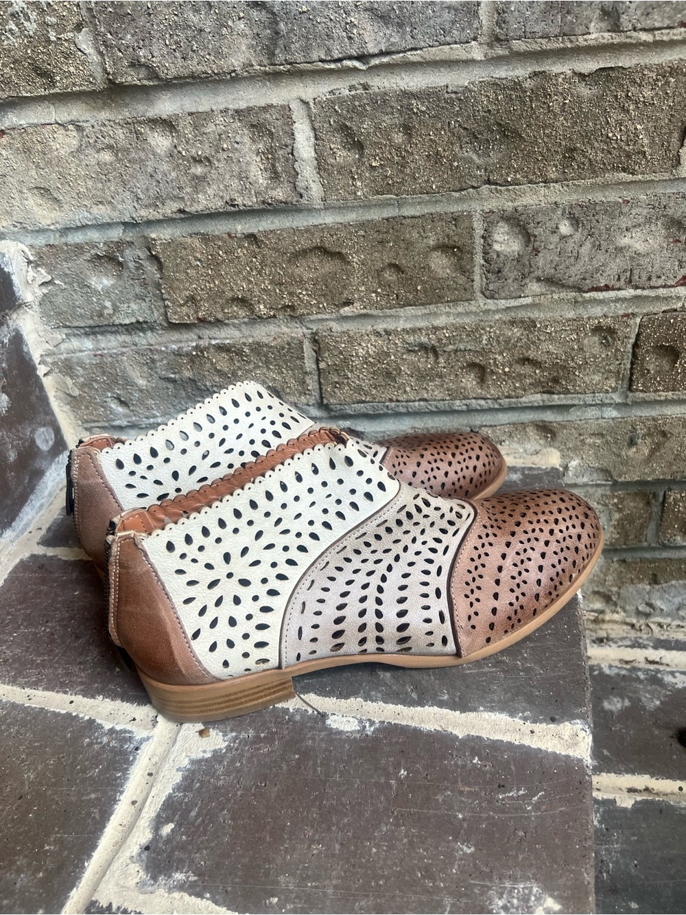Sundance Two-Tone Perforated Ankle Booties in Cream & Brown